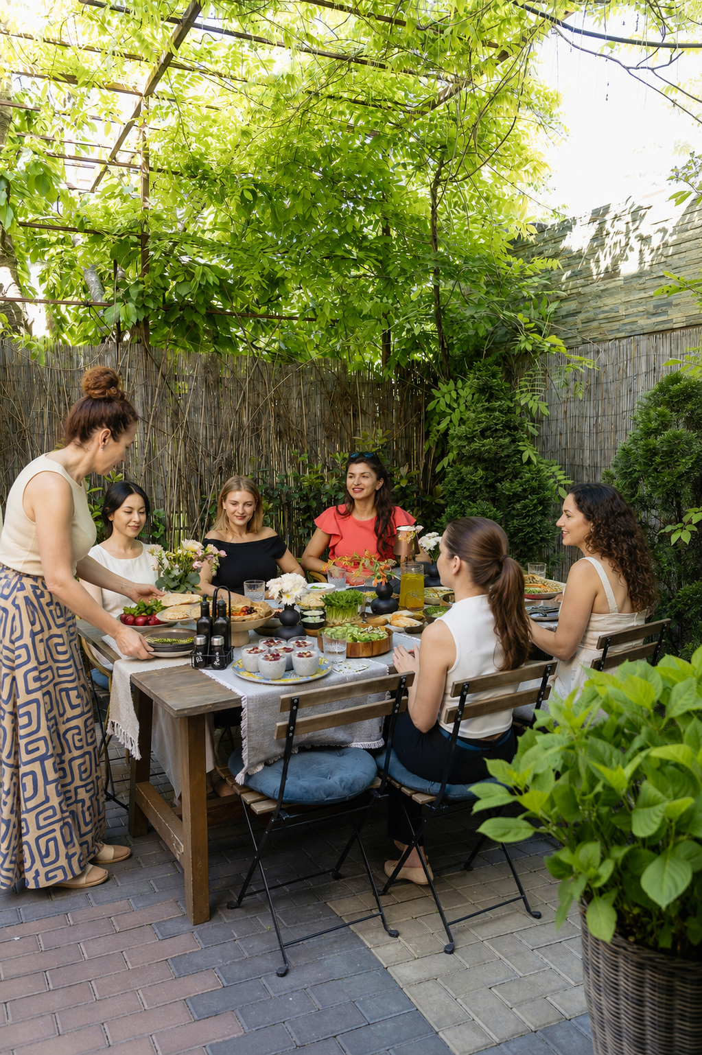 Brunch în grădina GIO, dimineața — prieteni la masă sub pergolă